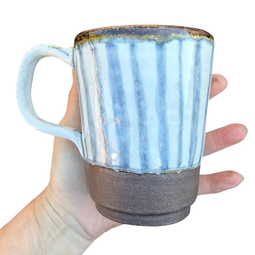 Studio Pottery Mug Large Blue White Striped Good Rustic Artisan Wabi Sabi